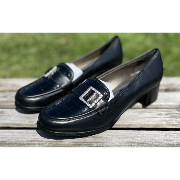 Brighton Shoes Womens Size 7M Black Loafers Buckle Heel‎ Croc Embossed Leather - Picture 1 of 12